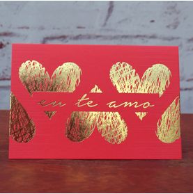 Mini Cartão Eu Te Amo (vermelho C/ Corações Dourado)