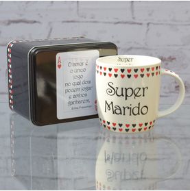 Caneca Porcelana Super Marido (jogo do Amor) + Lata