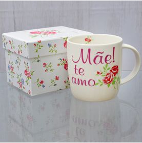 Caneca Porcelana Mãe Te Amo (floral) + Gift Box