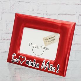 Porta Retrato Vermelho Metalizado Bordado Eu Amo Minha Mãe