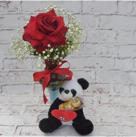 Kit Amoroso de Rosa Colombiana com Urso Panda e Ferrero Rocher