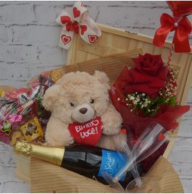 Bau com Rosa Balão Urso Espumante e Chocolates para Meu Amor